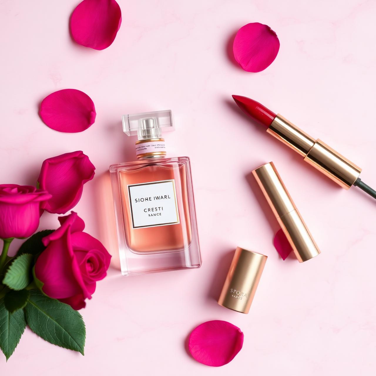 Composição com perfume, batom e cosméticos em destaque